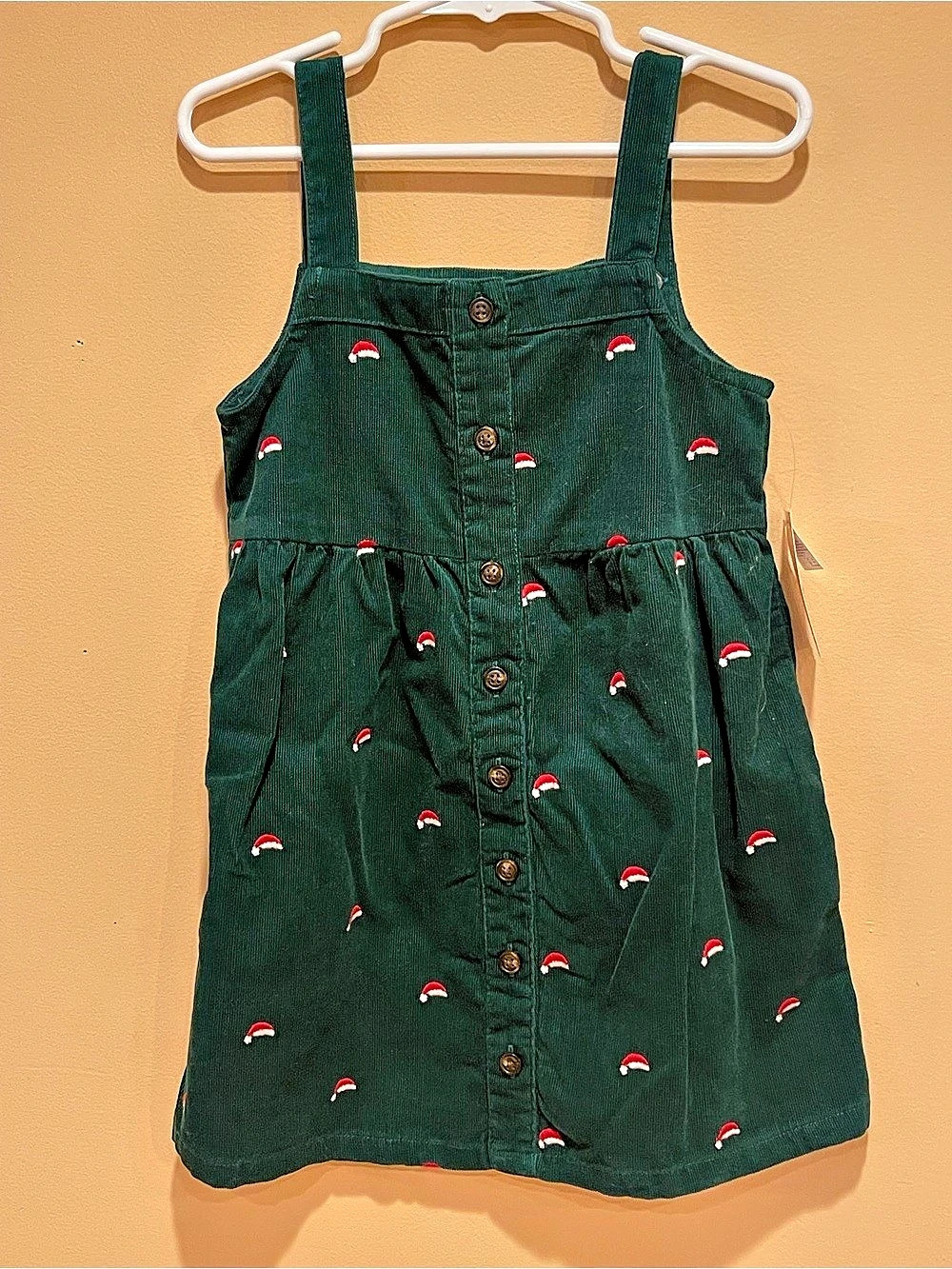 OshKosh B'gosh Girls Corduroy Dress Green with Embroidered Santa Hats - Size 4T